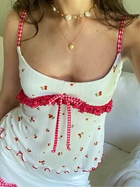 Handmade White Cherry Print Cami with Red Gingham Trim